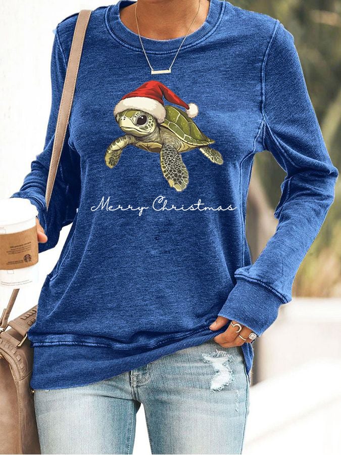Women's Christmas Turtle Print Crewneck Sweatshirt