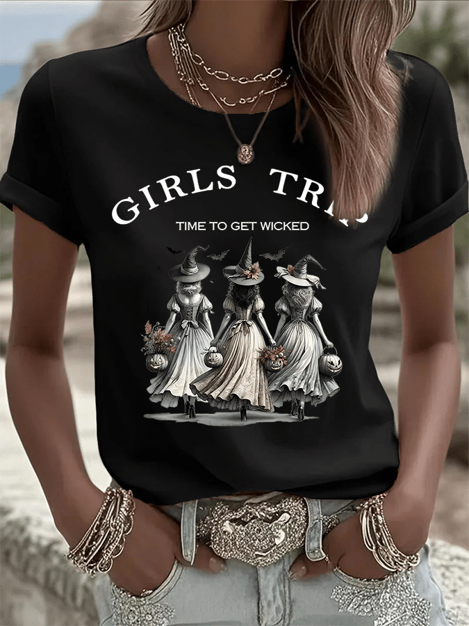 Women's Girls Trip Time To Get Wicked Print Crew Neck T-Shirt