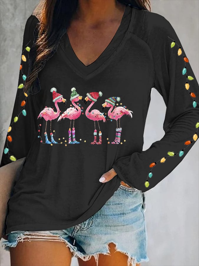 Women's Christmas Flamingo Print V-Neck T-Shirt