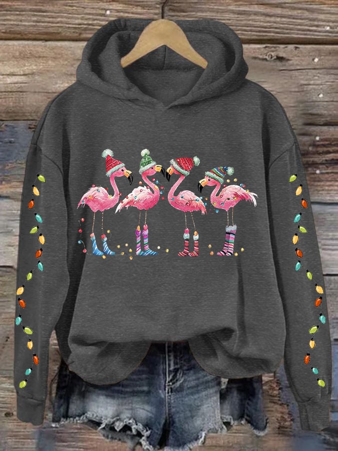 Women's Christmas Flamingo Print Hooded Sweatshirt