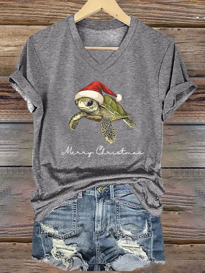 Women's Christmas Turtle Print V-Neck T-Shirt