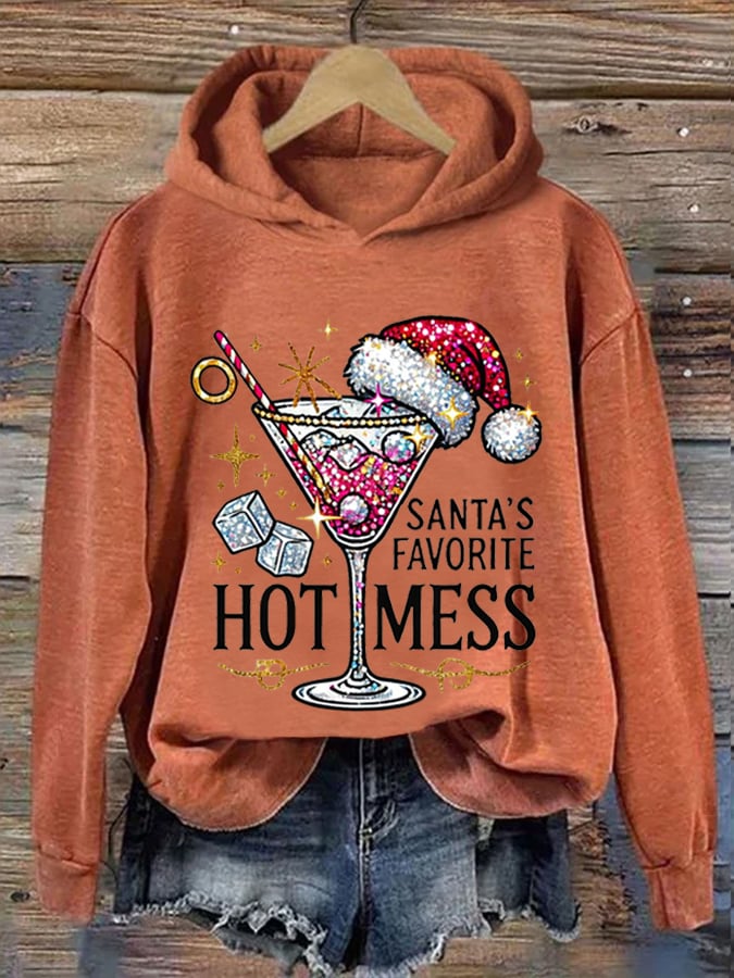 Women's Christmas Santa's Favorite Hot Mess Print Hooded Sweatshirt