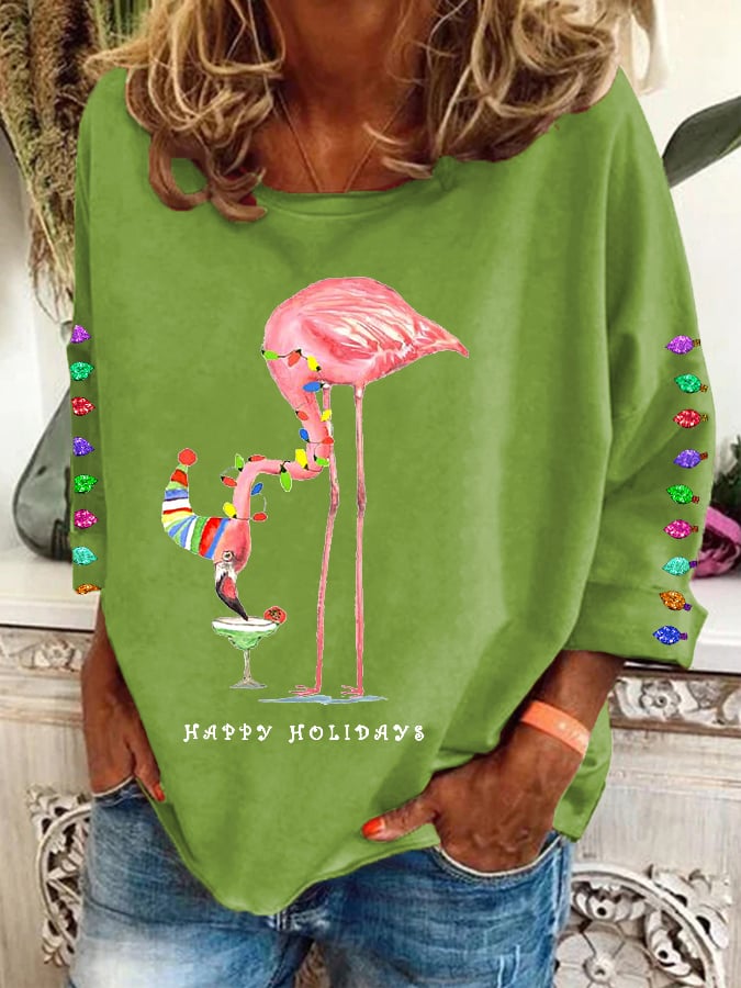 Women's Christmas Colorful Lights Flamingo Holiday Long-Sleeve Top
