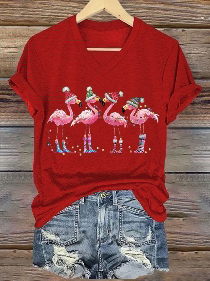 Women's Christmas Flamingo Print V-Neck T-Shirt