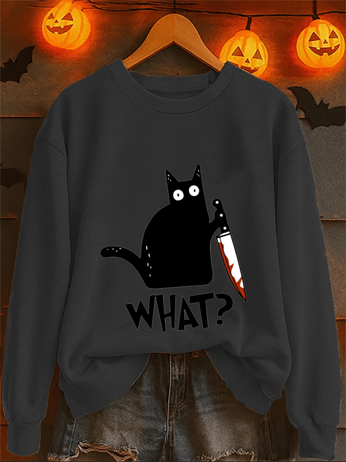 Women's Casual Halloween Black Cat "What" Warm Sweatshirt