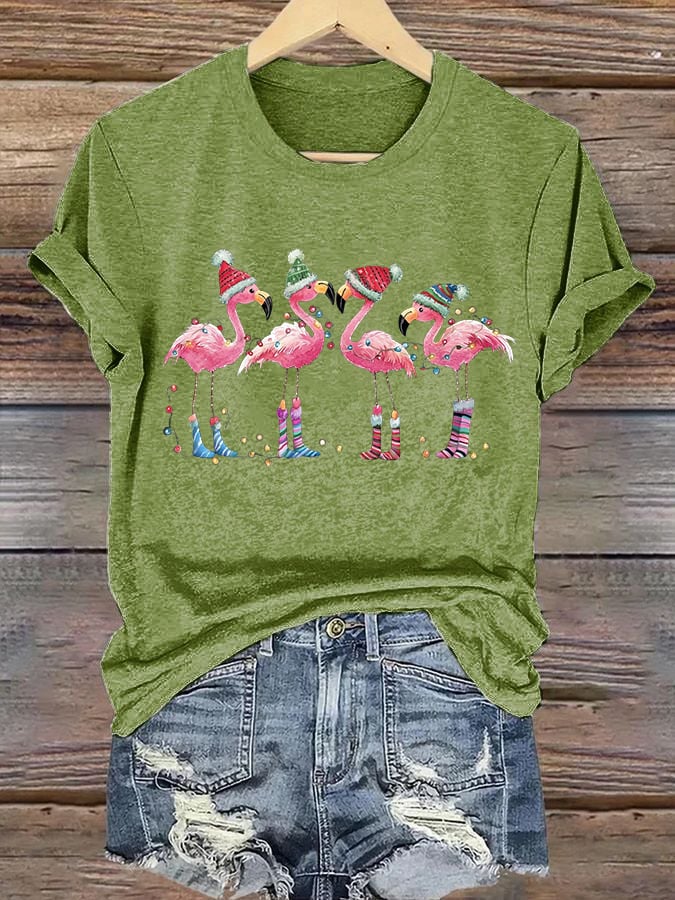 Women's Christmas Flamingo Printed Crew Neck T-Shirt