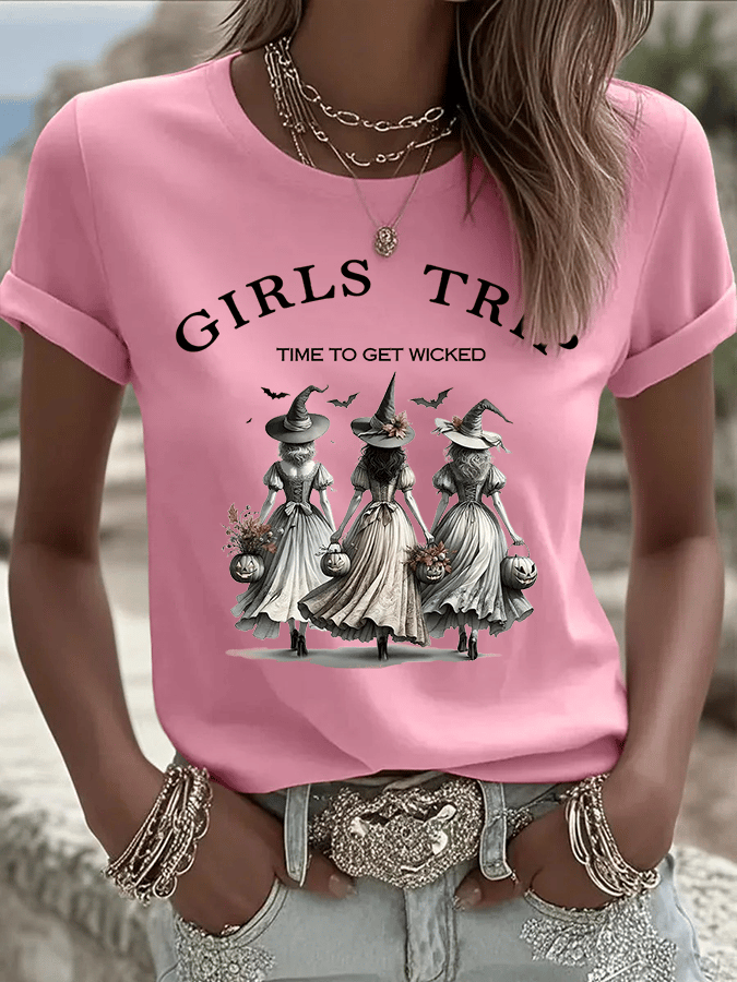 Women's Girls Trip Time To Get Wicked Print Crew Neck T-Shirt