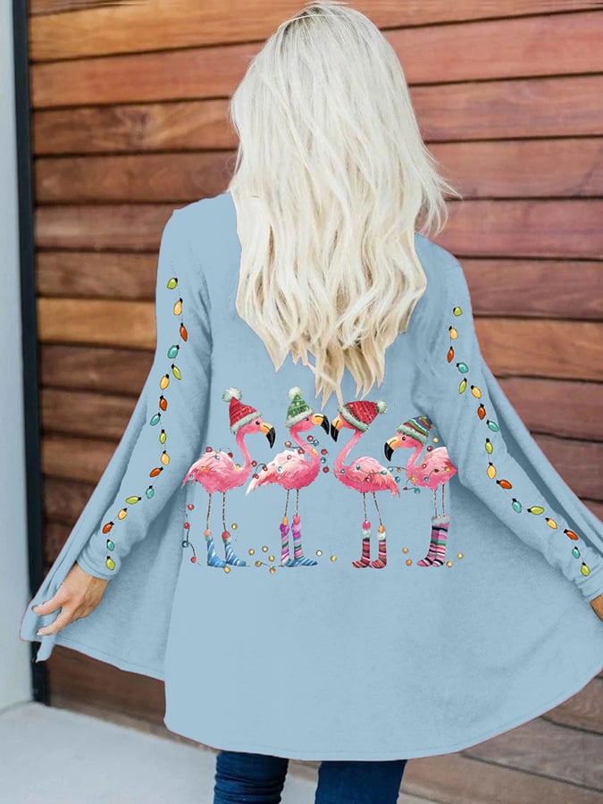 Women's Christmas Flamingo Print Long Sleeve Cardigan