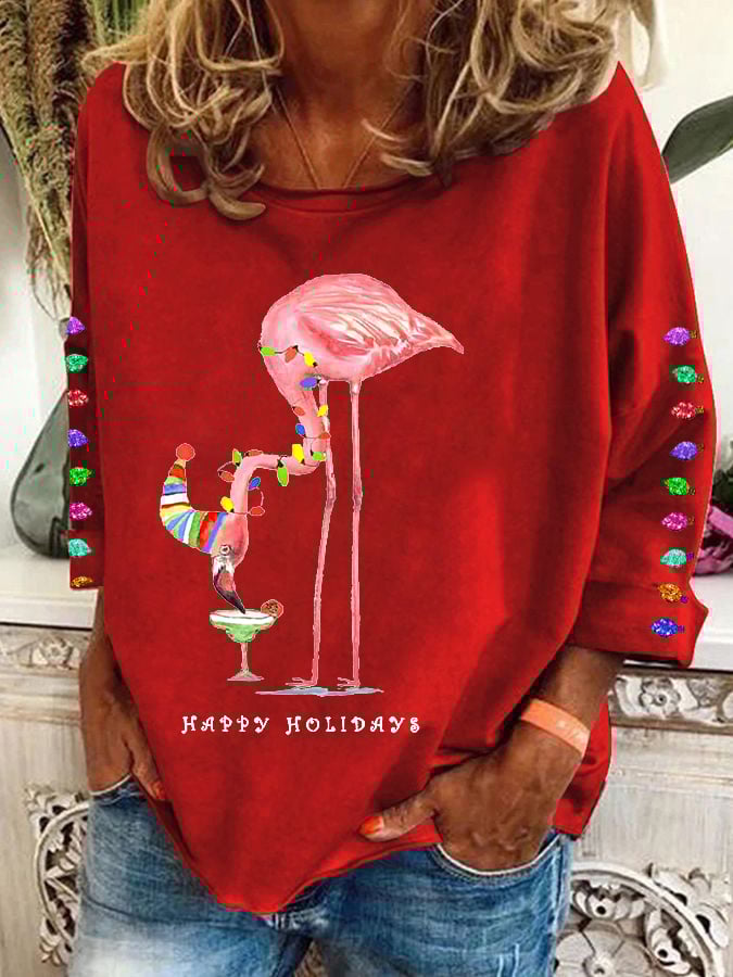 Women's Christmas Colorful Lights Flamingo Holiday Long-Sleeve Top