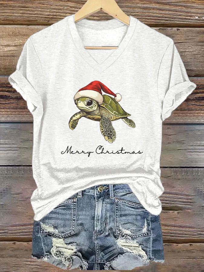 Women's Christmas Turtle Print V-Neck T-Shirt