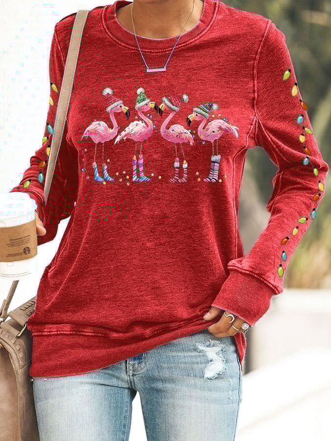 Women's Christmas Flamingo Print Crewneck Sweatshirt