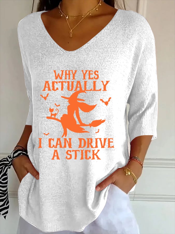 Women's Halloween Print Ribbed Fabric Casual V-Neck T-Shirt
