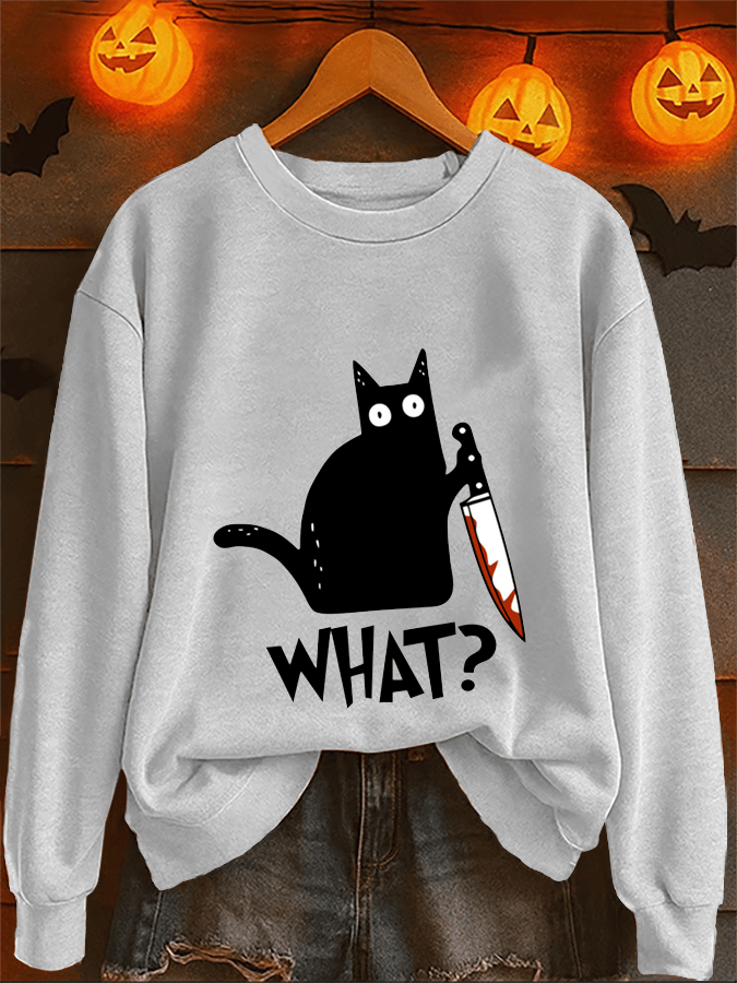 Women's Casual Halloween Black Cat "What" Warm Sweatshirt