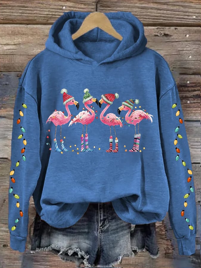 Women's Christmas Flamingo Print Hooded Sweatshirt