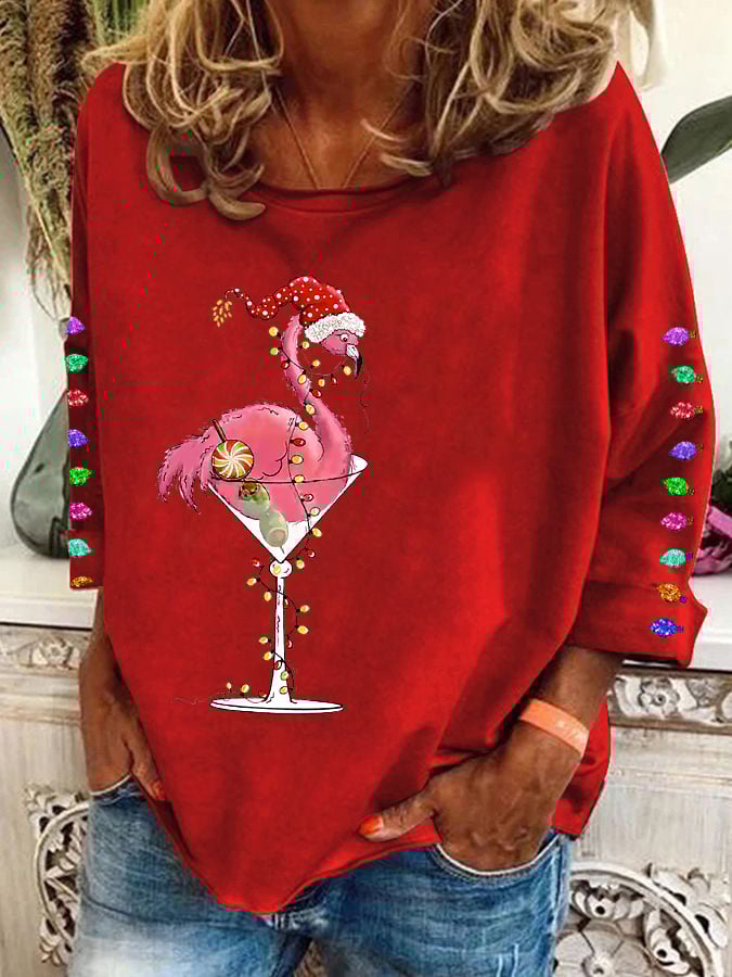 Women's Christmas Colorful Lights Flamingo Holiday Long-Sleeve Top