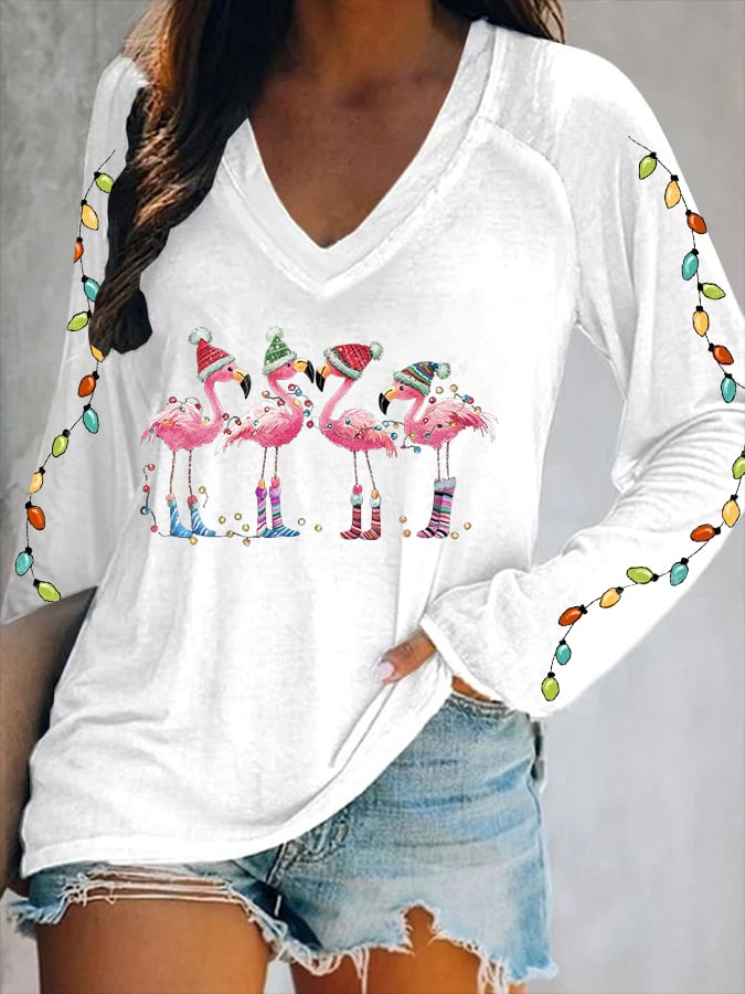 Women's Christmas Flamingo Print V-Neck T-Shirt