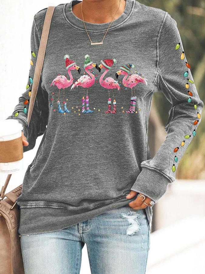 Women's Christmas Flamingo Print Crewneck Sweatshirt