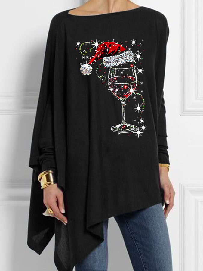 Women's Shiny Christmas Red Wine Glass Print Casual Irregular Top