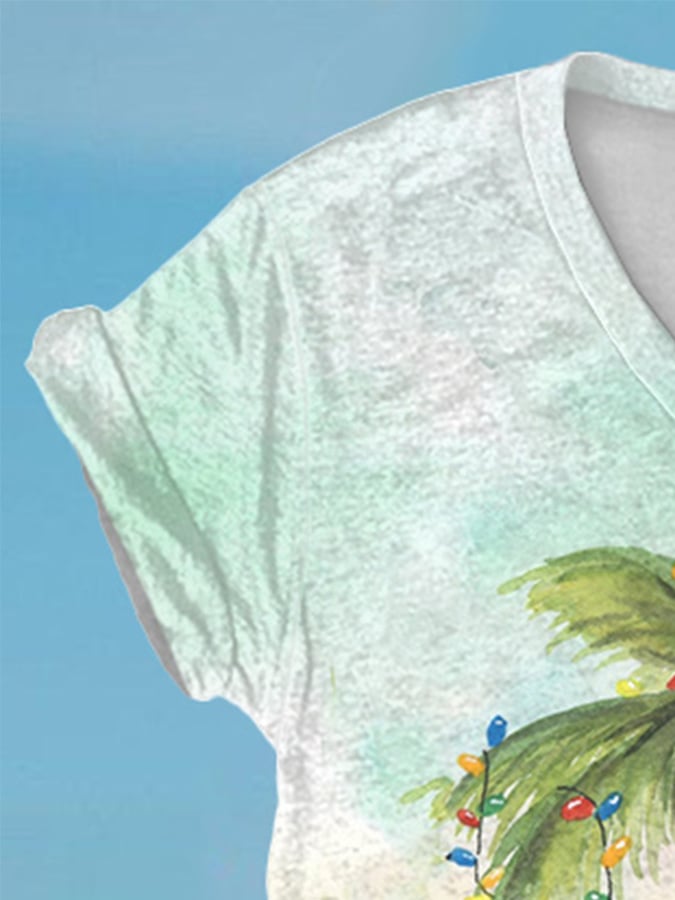 V-Neck Retro Florida Christmas Watercolor Palm Tree Print T-Shirt