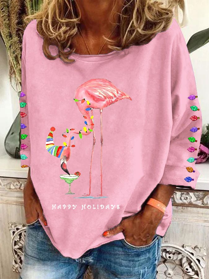 Women's Christmas Colorful Lights Flamingo Holiday Long-Sleeve Top