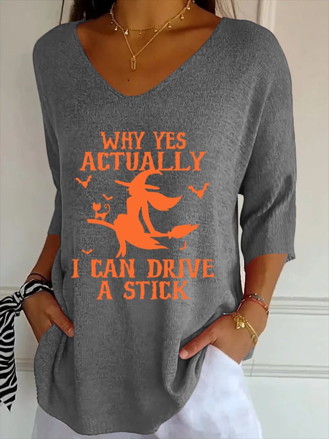 Women's Halloween Print Ribbed Fabric Casual V-Neck T-Shirt