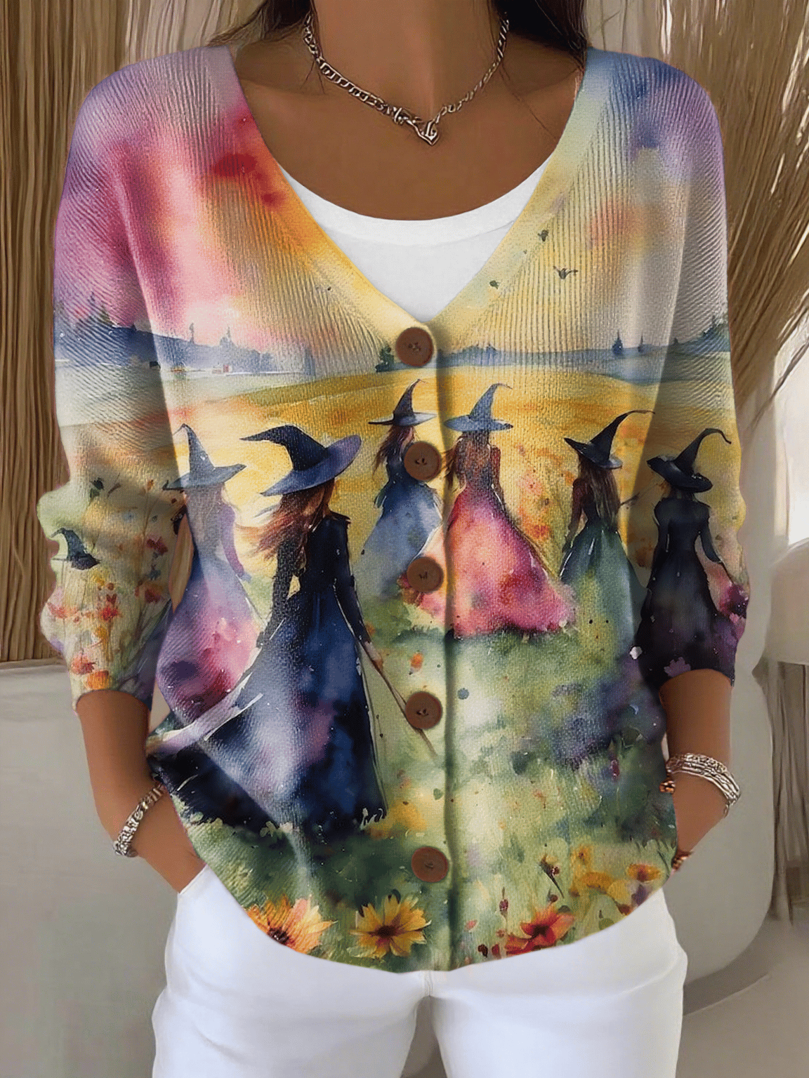 Women's Halloween Witch Print Thick Needle Striped Cardigan