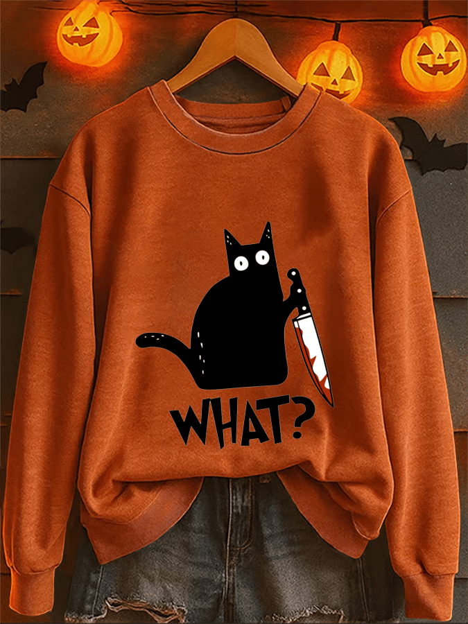 Women's Casual Halloween Black Cat "What" Warm Sweatshirt