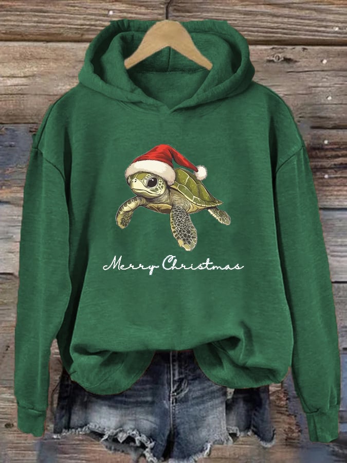 Women's Christmas Turtle Print Casual Hoodie
