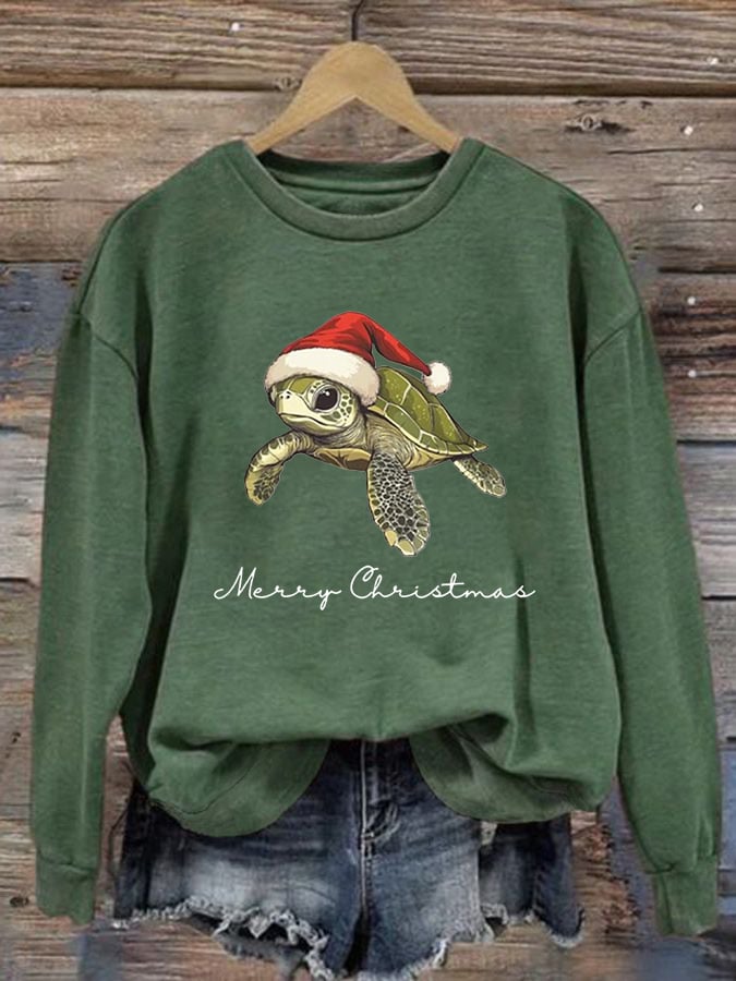 Women's Christmas Turtle Print Crewneck Sweatshirt
