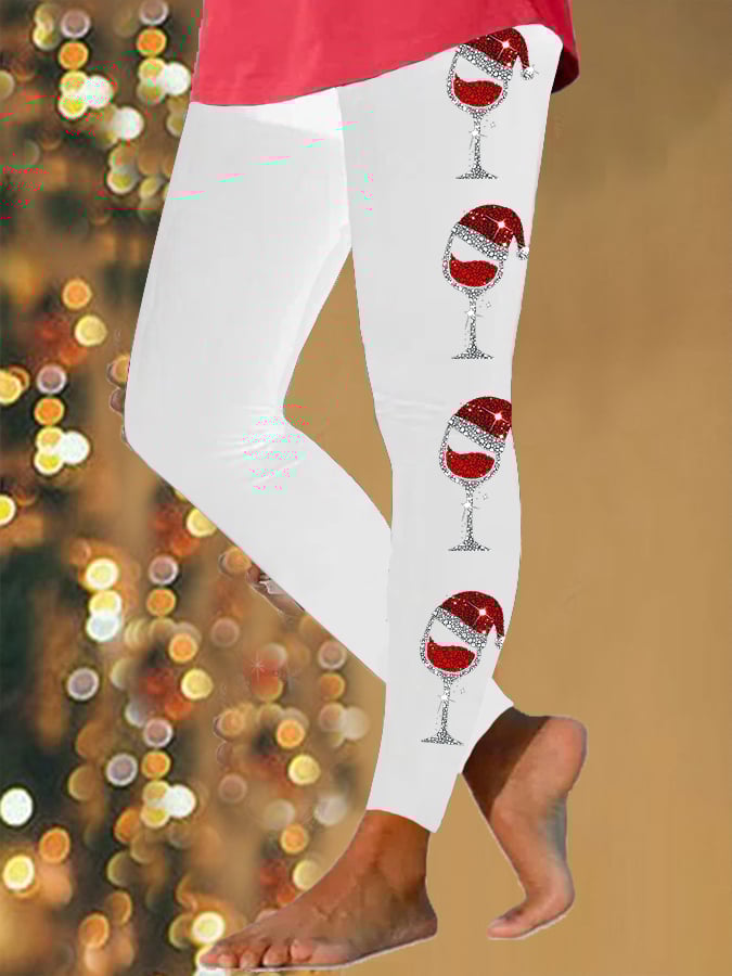 Women's Merry Christmas Shiny Wine Glass Print Leggings
