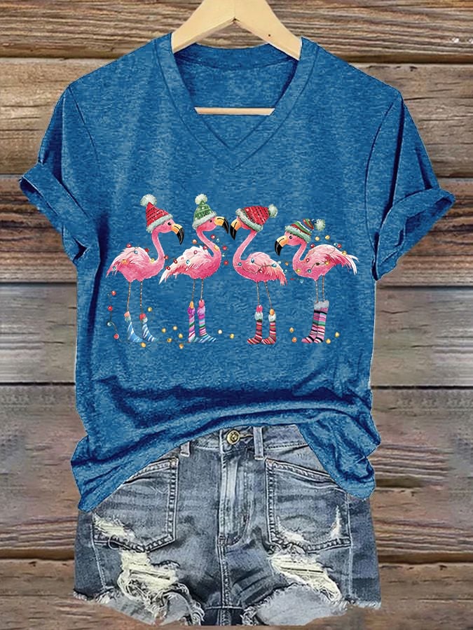 Women's Christmas Flamingo Print V-Neck T-Shirt