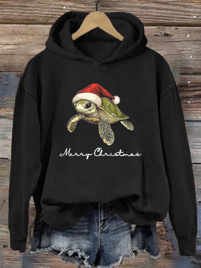 Women's Christmas Turtle Print Casual Hoodie
