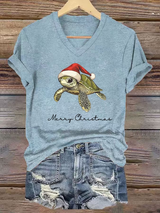 Women's Christmas Turtle Print V-Neck T-Shirt