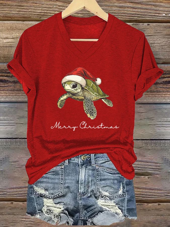 Women's Christmas Turtle Print V-Neck T-Shirt