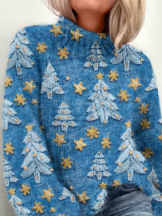 Women's Christmas Tree Sequin Print Knit Turtleneck Pullover Sweater