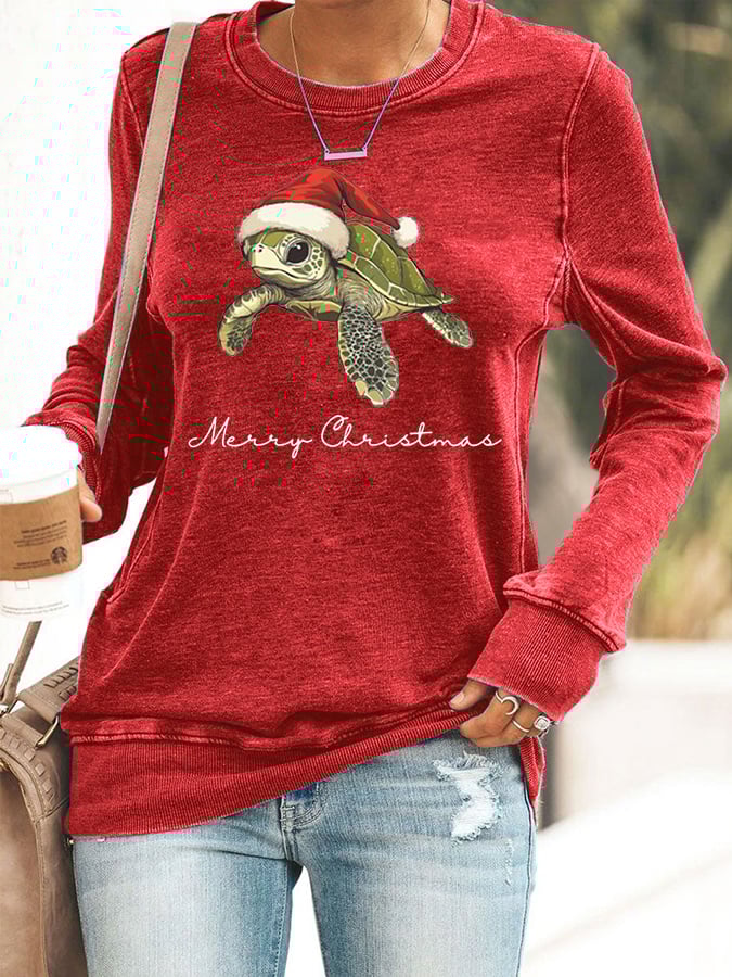 Women's Christmas Turtle Print Crewneck Sweatshirt