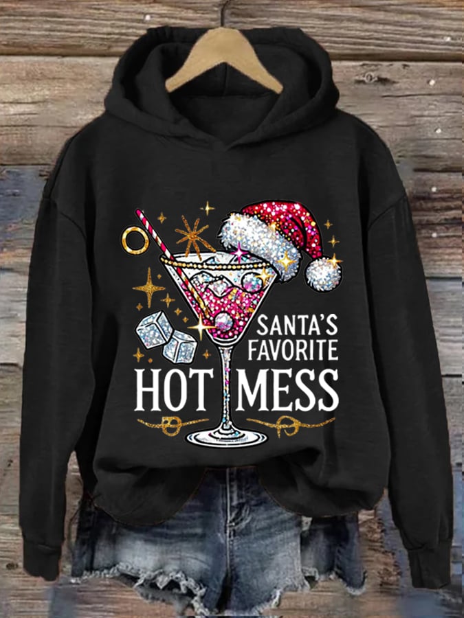 Women's Christmas Santa's Favorite Hot Mess Print Hooded Sweatshirt