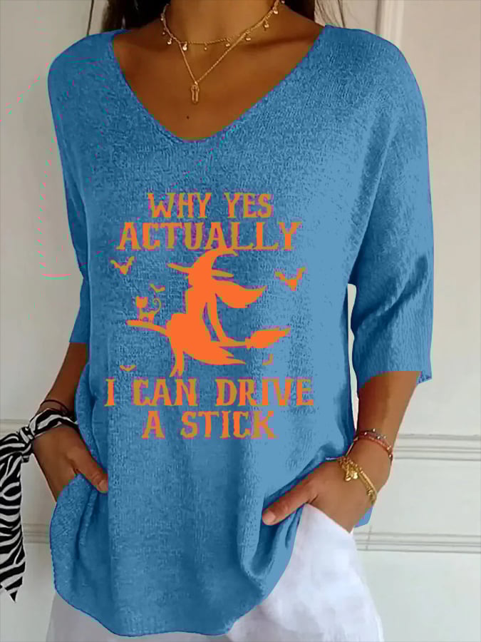Women's Halloween Print Ribbed Fabric Casual V-Neck T-Shirt