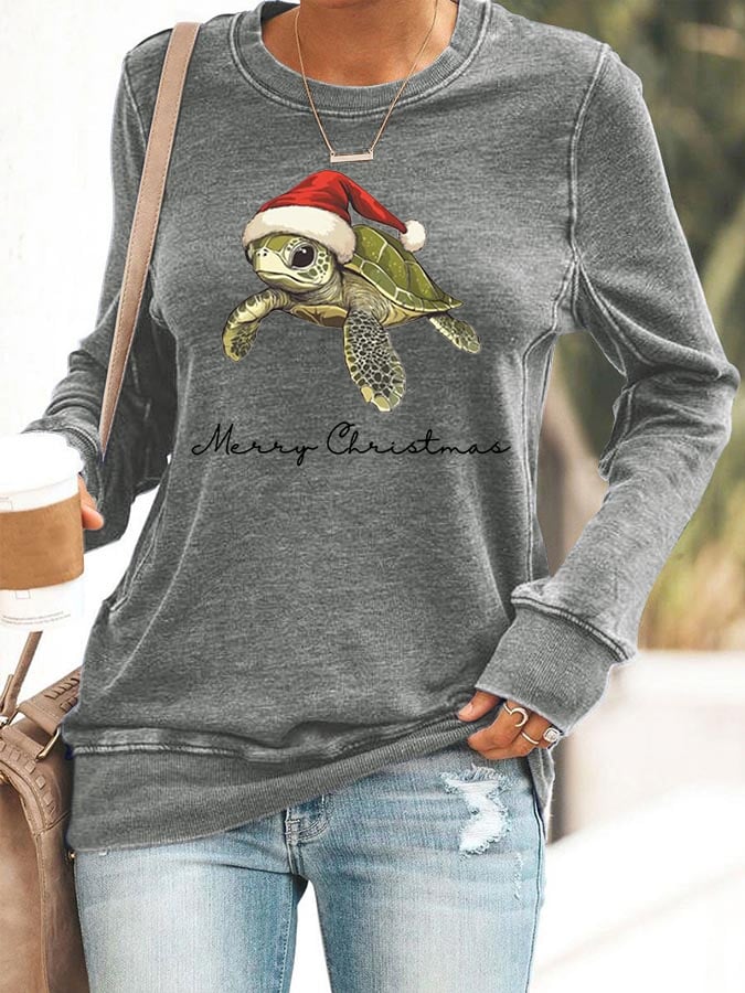 Women's Christmas Turtle Print Crewneck Sweatshirt