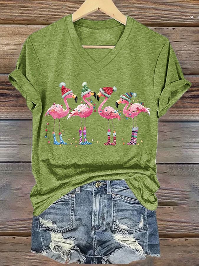 Women's Christmas Flamingo Print V-Neck T-Shirt