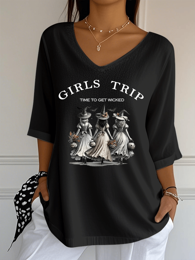 Women's Girls Trip Time To Get Wicked Print Jacquard Casual V-Neck Top