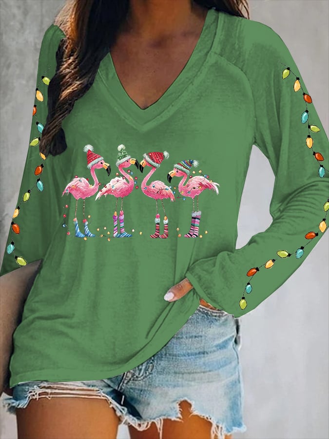 Women's Christmas Flamingo Print V-Neck T-Shirt
