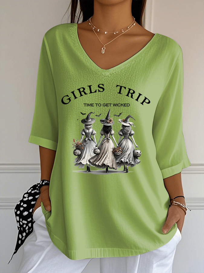 Women's Girls Trip Time To Get Wicked Print Jacquard Casual V-Neck Top