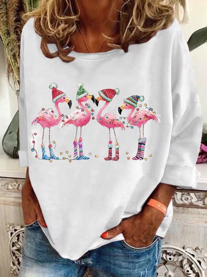 Women's Christmas Flamingo Holiday Print Casual Sweatshirt