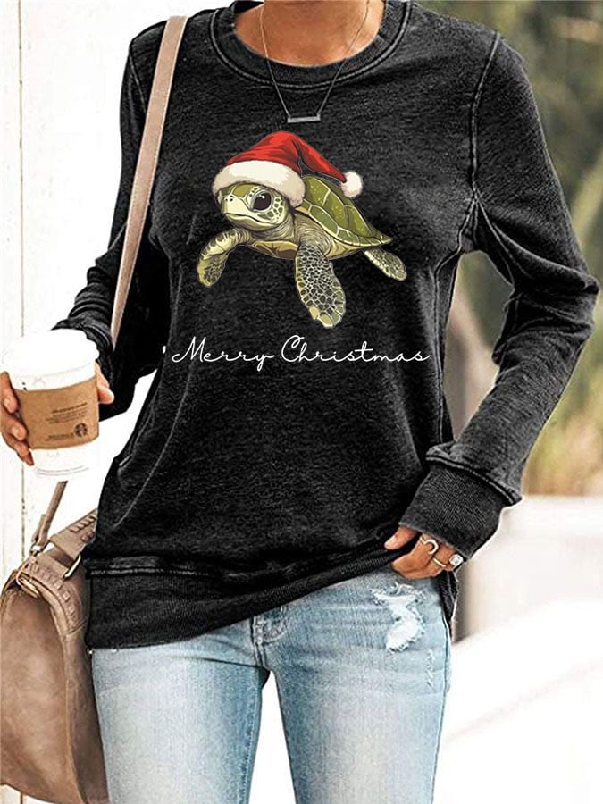Women's Christmas Turtle Print Crewneck Sweatshirt