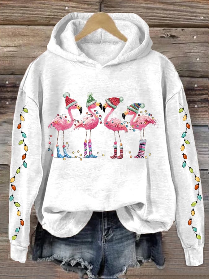 Women's Christmas Flamingo Print Hooded Sweatshirt