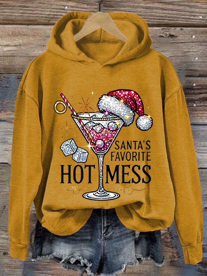 Women's Christmas Santa's Favorite Hot Mess Print Hooded Sweatshirt