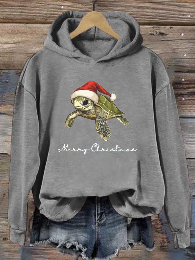 Women's Christmas Turtle Print Casual Hoodie