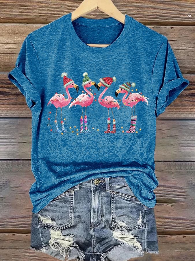 Women's Christmas Flamingo Printed Crew Neck T-Shirt