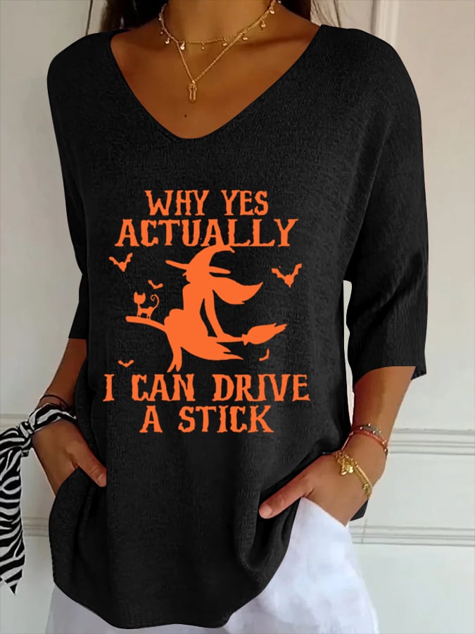 Women's Halloween Print Ribbed Fabric Casual V-Neck T-Shirt